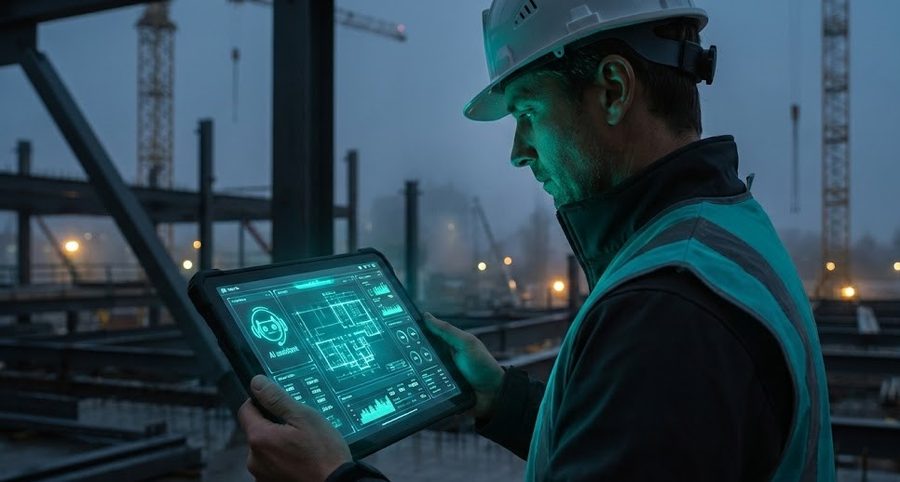 A contractor in a hardhat checking a blueprint on a rugged tablet at a job site