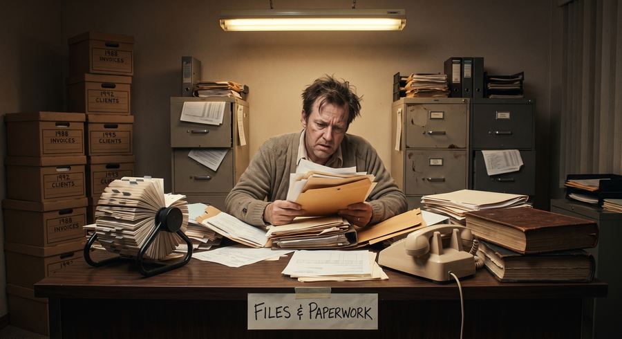 A cluttered desk buried in paper files, invoices, and a rotary phone